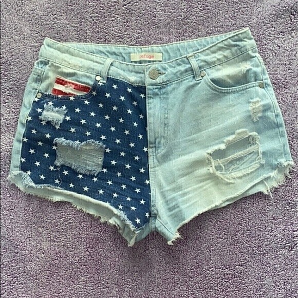 Refuge American Flag Distressed Jean Shorts 8 USA 4th of July Memorial Day Stars - Picture 5 of 12